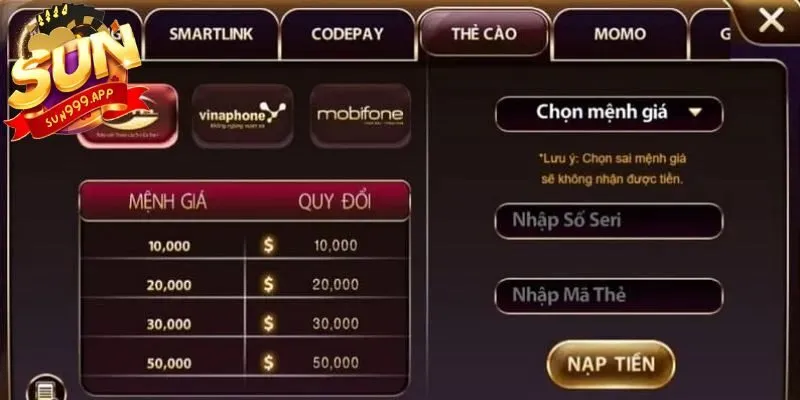 Quy trình nạp tiền SUN999 an toàn tuyệt đối